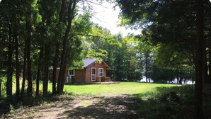 A cabin surrounded by trees with a dirt path leading to it.