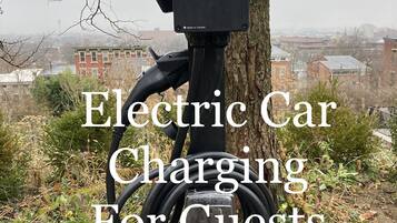 An electric car charging station branded 'GRIZZLE' attached to a tree, with a cityscape in the background.