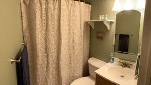 A bathroom with a toilet, sink, and shower curtain. - Confluence Cabin Grafton, IL (Grafton)