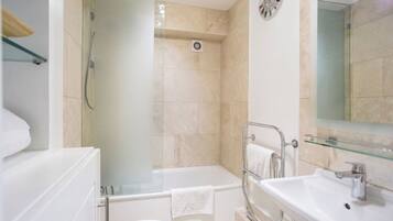 Combined shower/tub, hair dryer