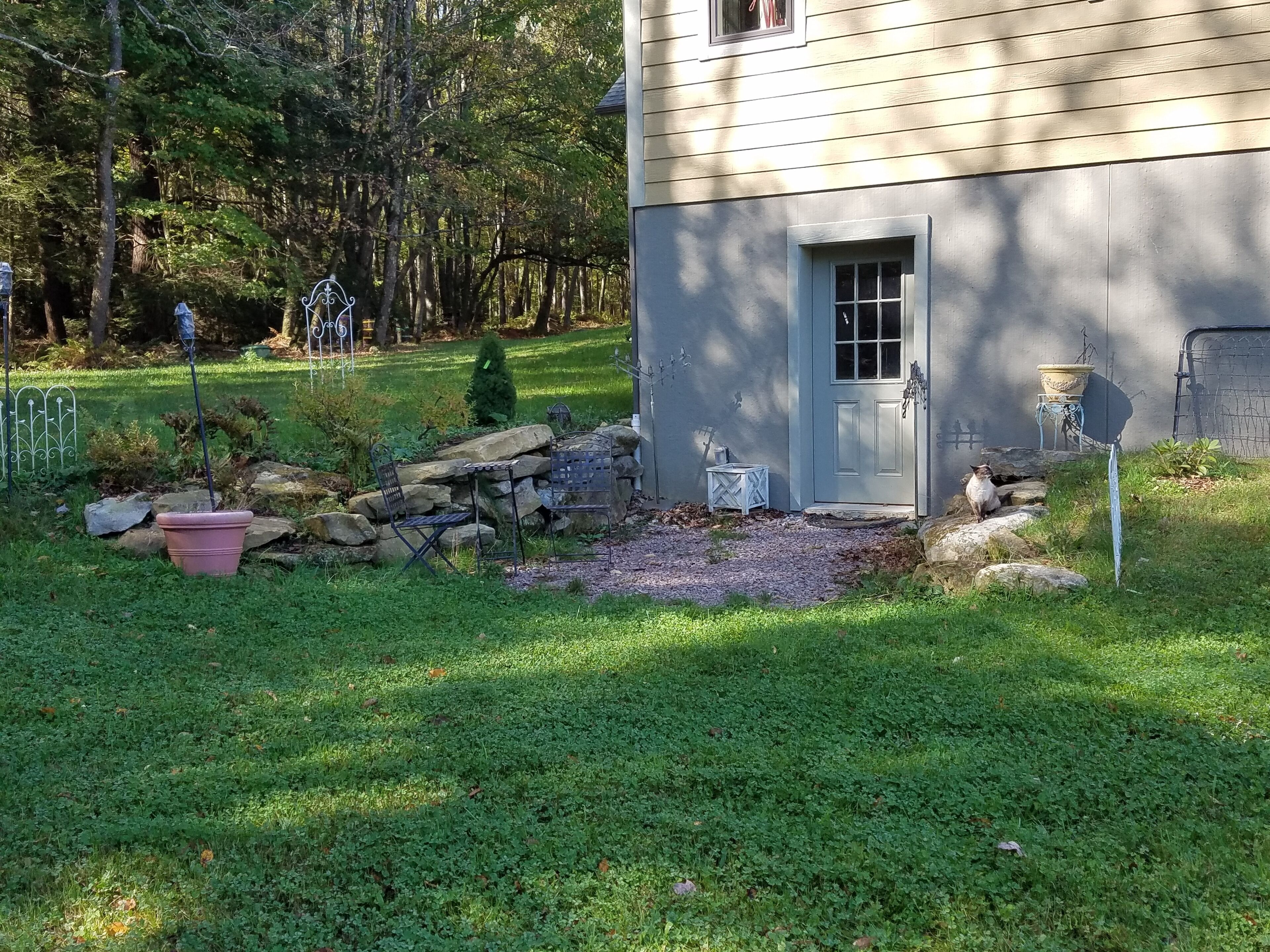 A house with a front yard, a small garden area with a chair and table, and a cat sitting on the grass.