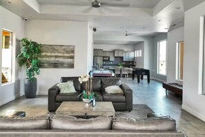 Smart TV, fireplace, video games, DVD player