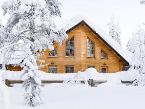 Une cabane en bois dotée de nombreuses fenêtres et d’un toit en pente, entourée d’arbres couverts de neige.
