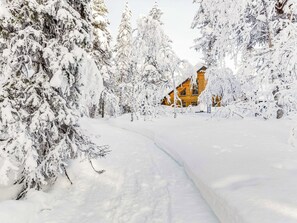 Un paysage enneigé avec un chalet en bois à l’arrière-plan.