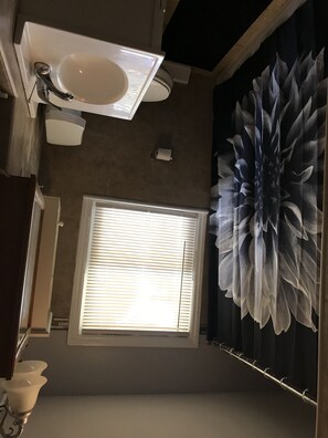 Combined shower/bathtub, hair dryer, towels, soap