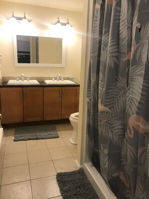Hair dryer, towels, soap, toilet paper