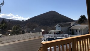 A residential area with houses, a wooden deck, and a mountain in the background.