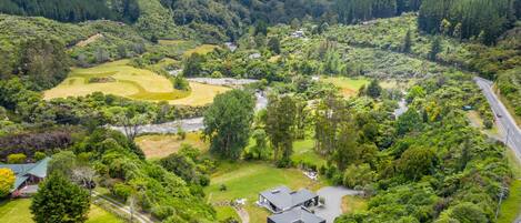 Vista aérea de um bairro residencial com uma casa moderna, uma estrada sinuosa e vegetação exuberante ao redor.
