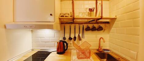 Fridge, oven, coffee/tea maker, electric kettle