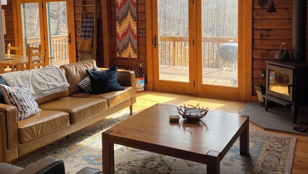 Ein gemütliches Blockhaushaus-Interieur mit Holzvertäfelung, einer Couch, einem Couchtisch und einem Kamin.