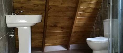 Un baño pequeño con techo inclinado, lavamanos, inodoro y cabina de ducha, todo en color blanco.