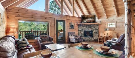 Smart TV, chimenea y libros