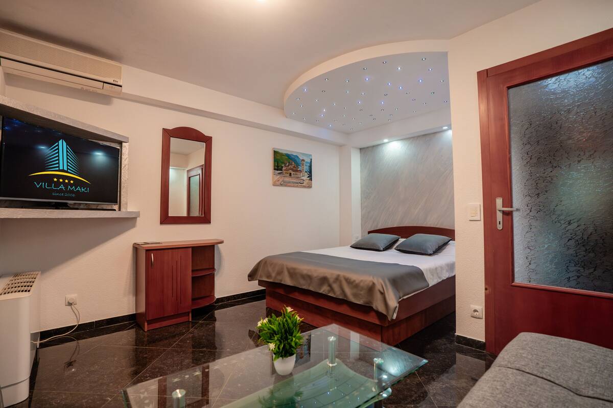 A hotel room with a bed, a TV, a mirror, a small cabinet, a glass table with a plant, and a frosted glass door.
