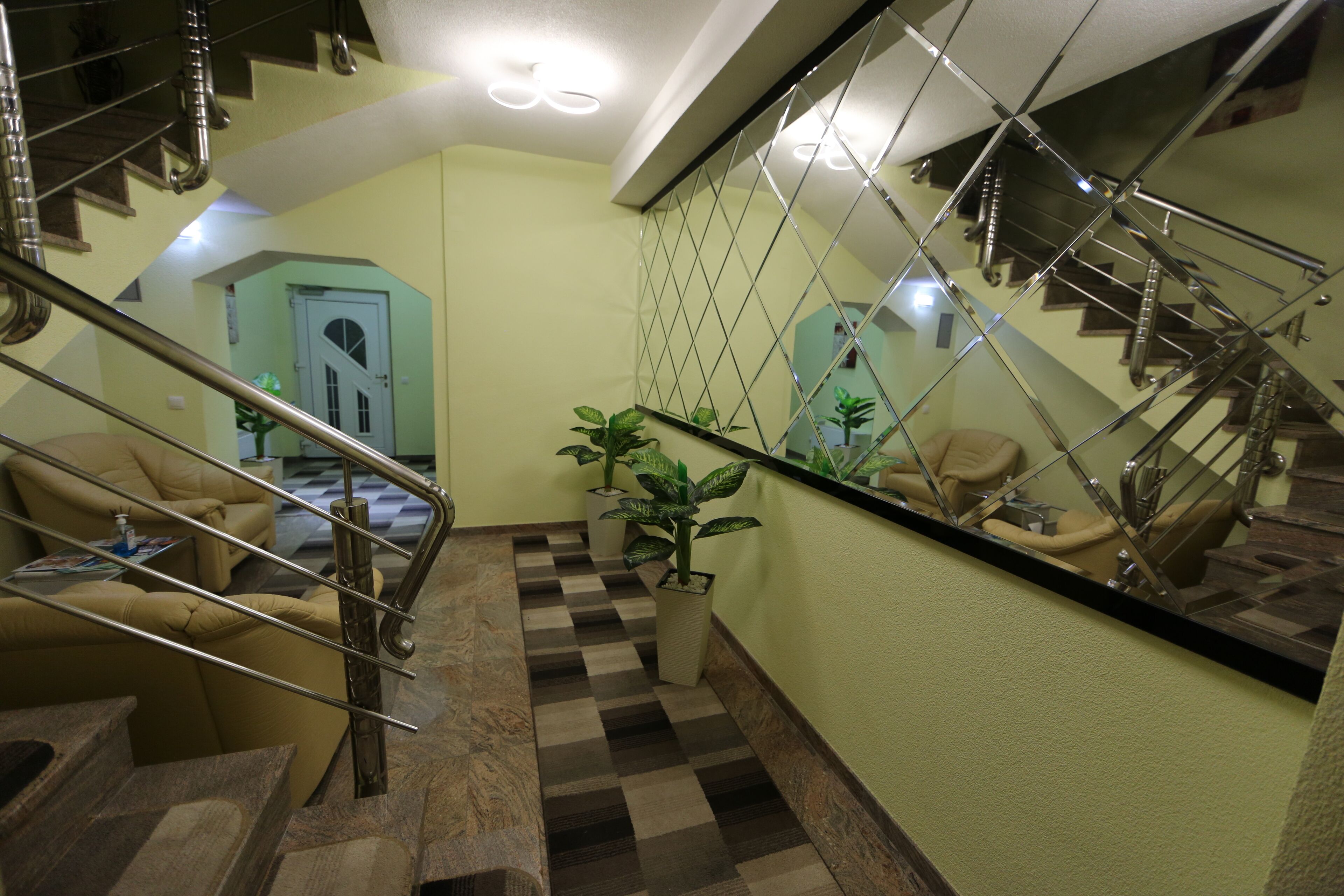 A staircase with a checkered floor leading to a door, surrounded by potted plants and a sofa.