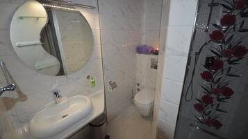 A bathroom with a white sink, a mirror, a toilet, and a shower with floral glass panels.