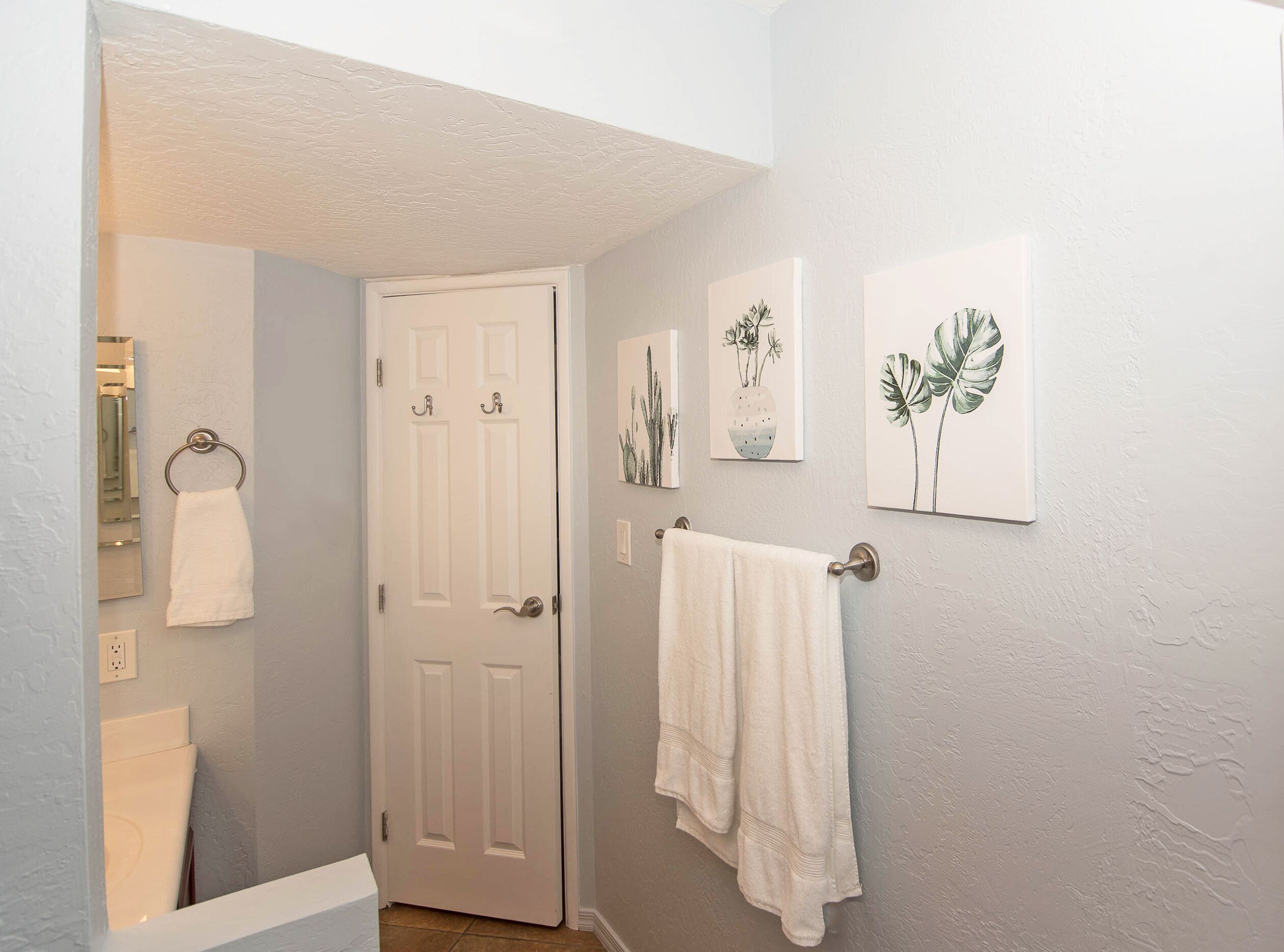 Een badkamer met een witte deur, een handdoekhouder en drie botanische prints in lijsten aan de muur.