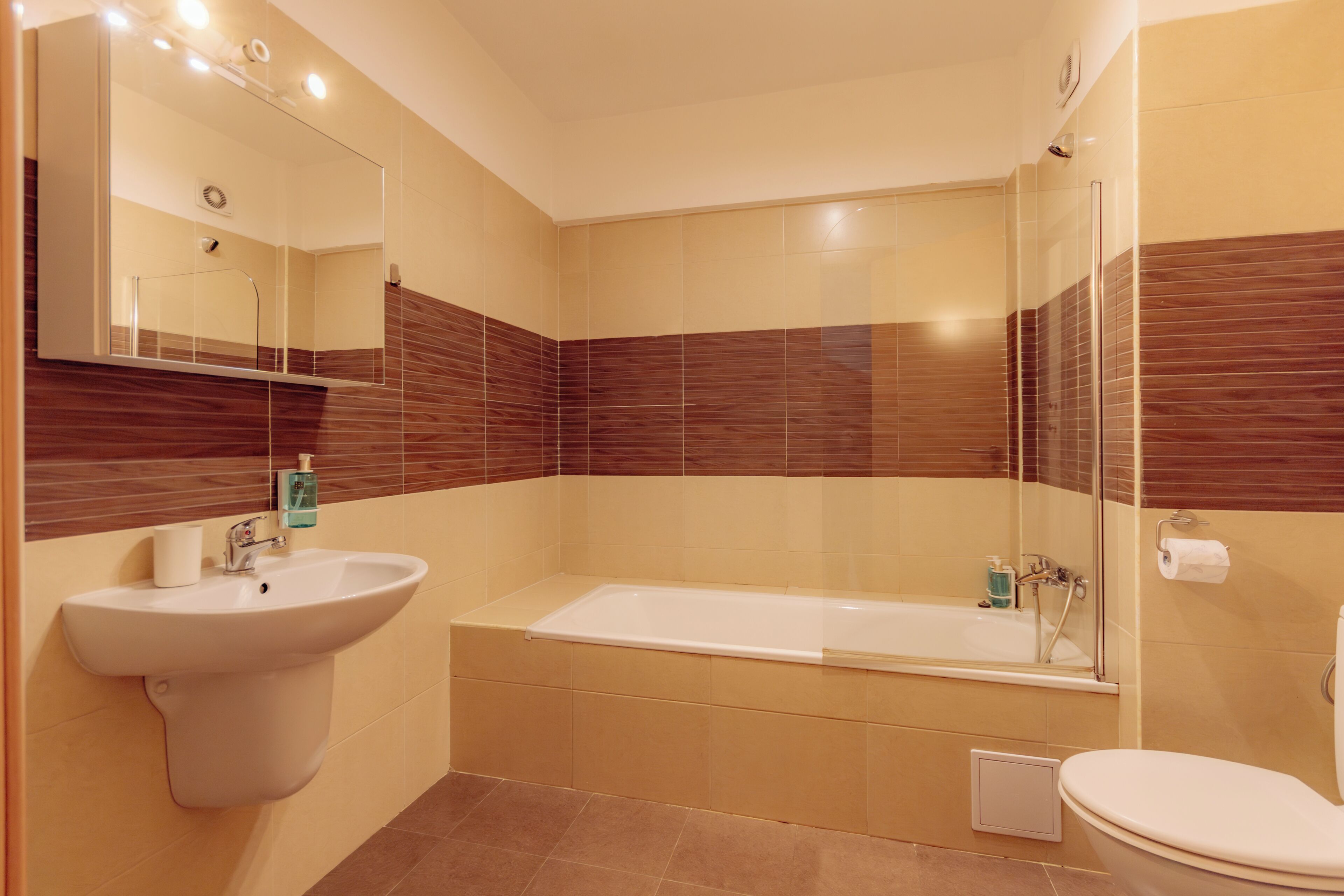 A bathroom with a sink, bathtub, toilet, and a mirror.