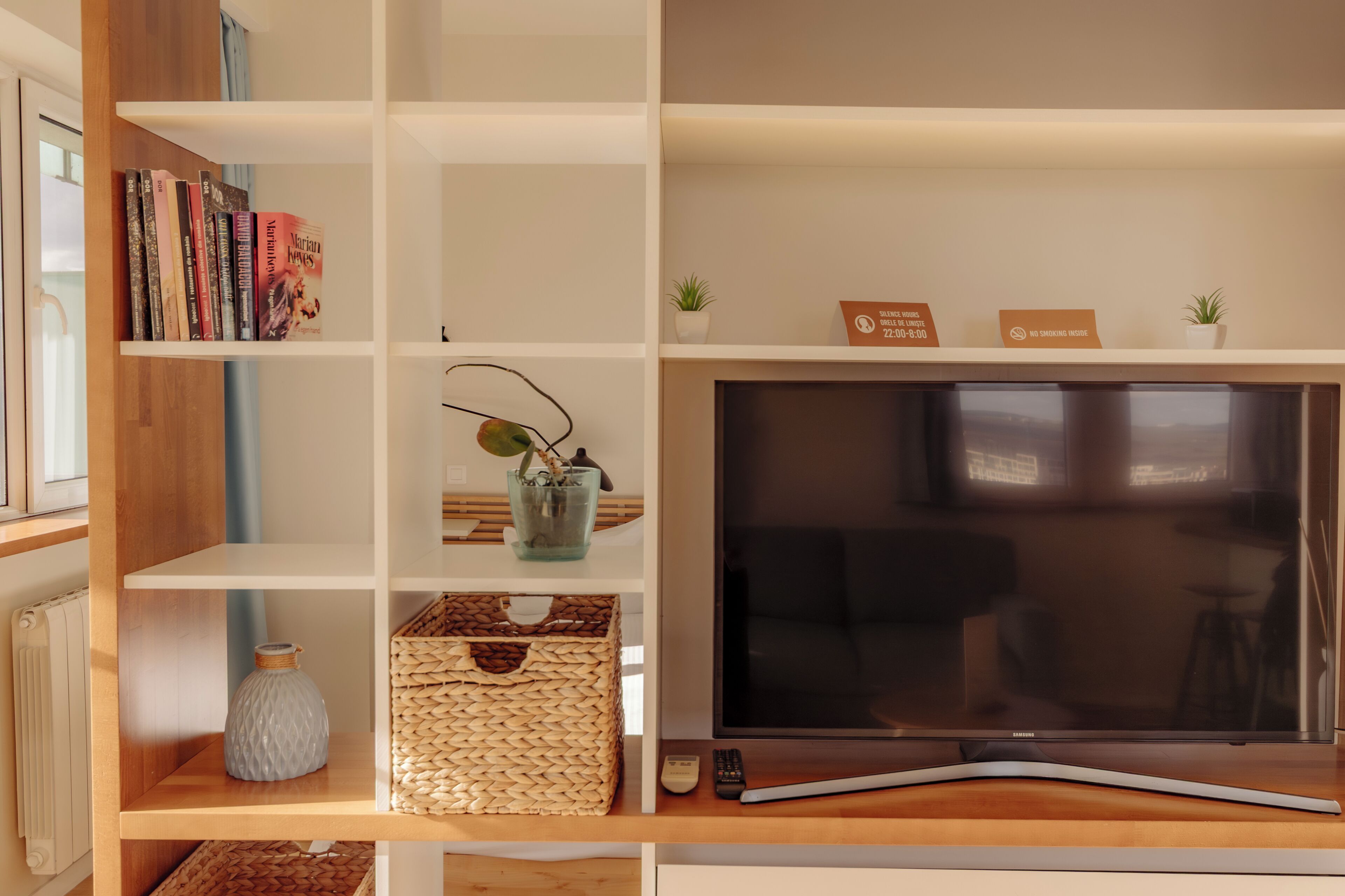 Een moderne woonkamer met een flatscreen televisie, houten planken met boeken, decoratieve objecten en een kleine plant.