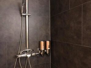 Shower, eco-friendly toiletries, hair dryer, towels