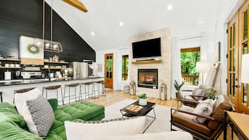 Smart TV, fireplace, books