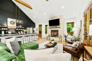 Smart TV, fireplace, books