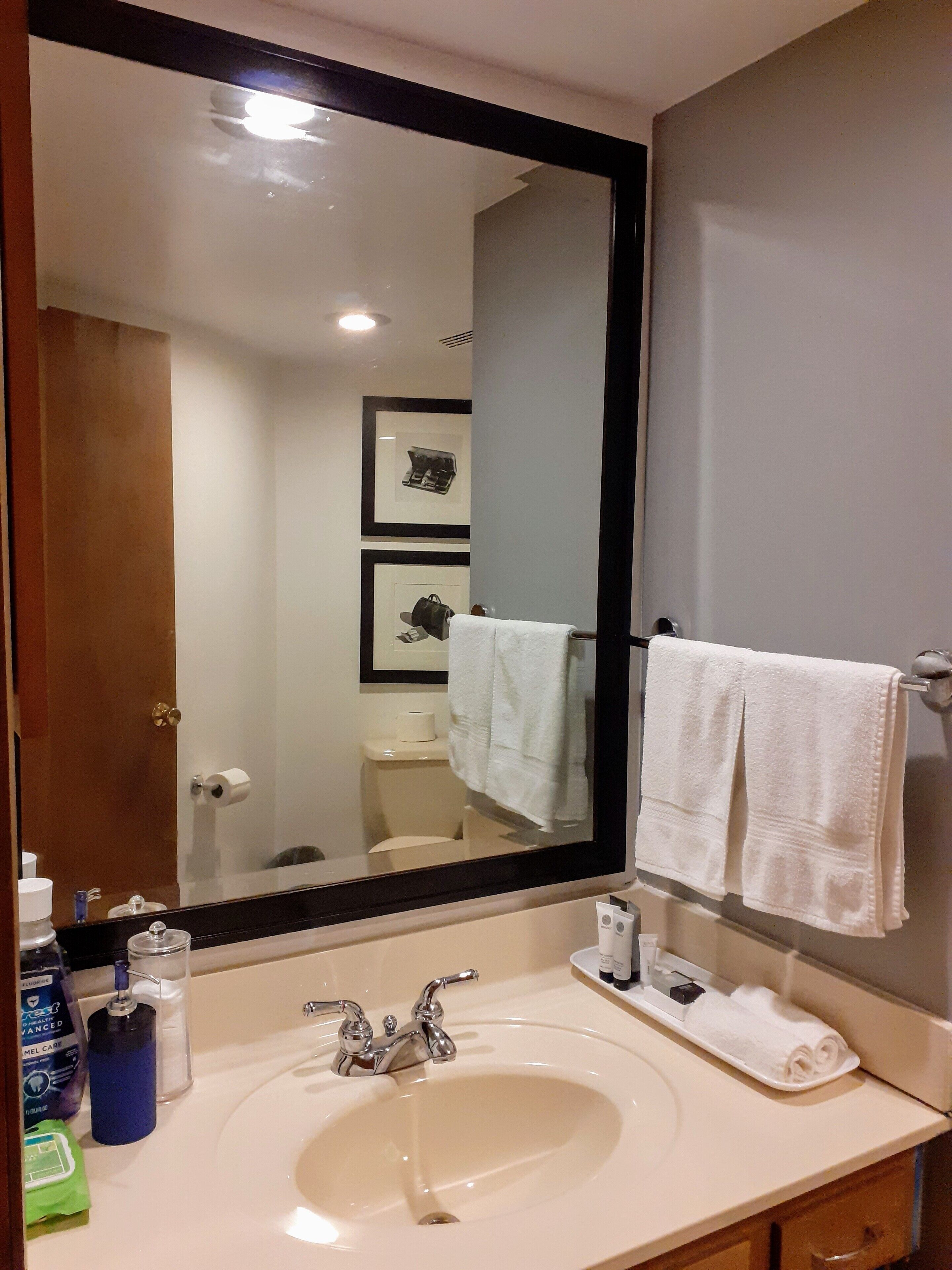 A hotel bathroom with a large mirror, a sink, and two towels hanging on the wall.