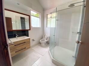 Shower, towels, soap, toilet paper
