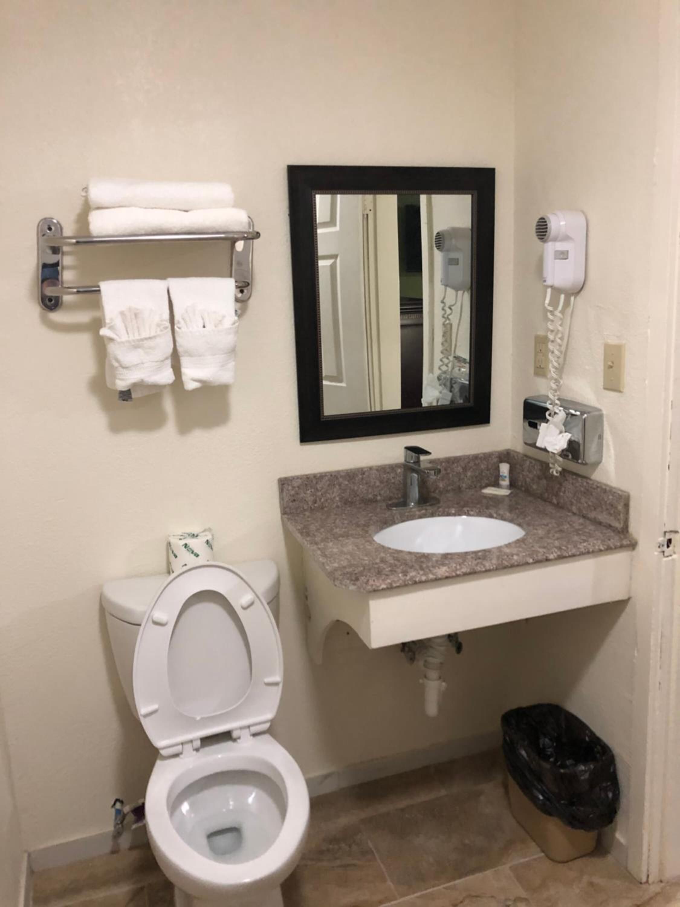 Un baño con inodoro, lavabo, toallero, espejo y secador de pelo.