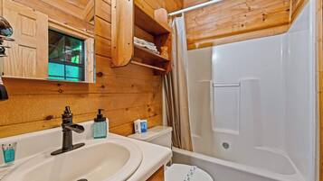 Combined shower/bathtub, hair dryer, towels