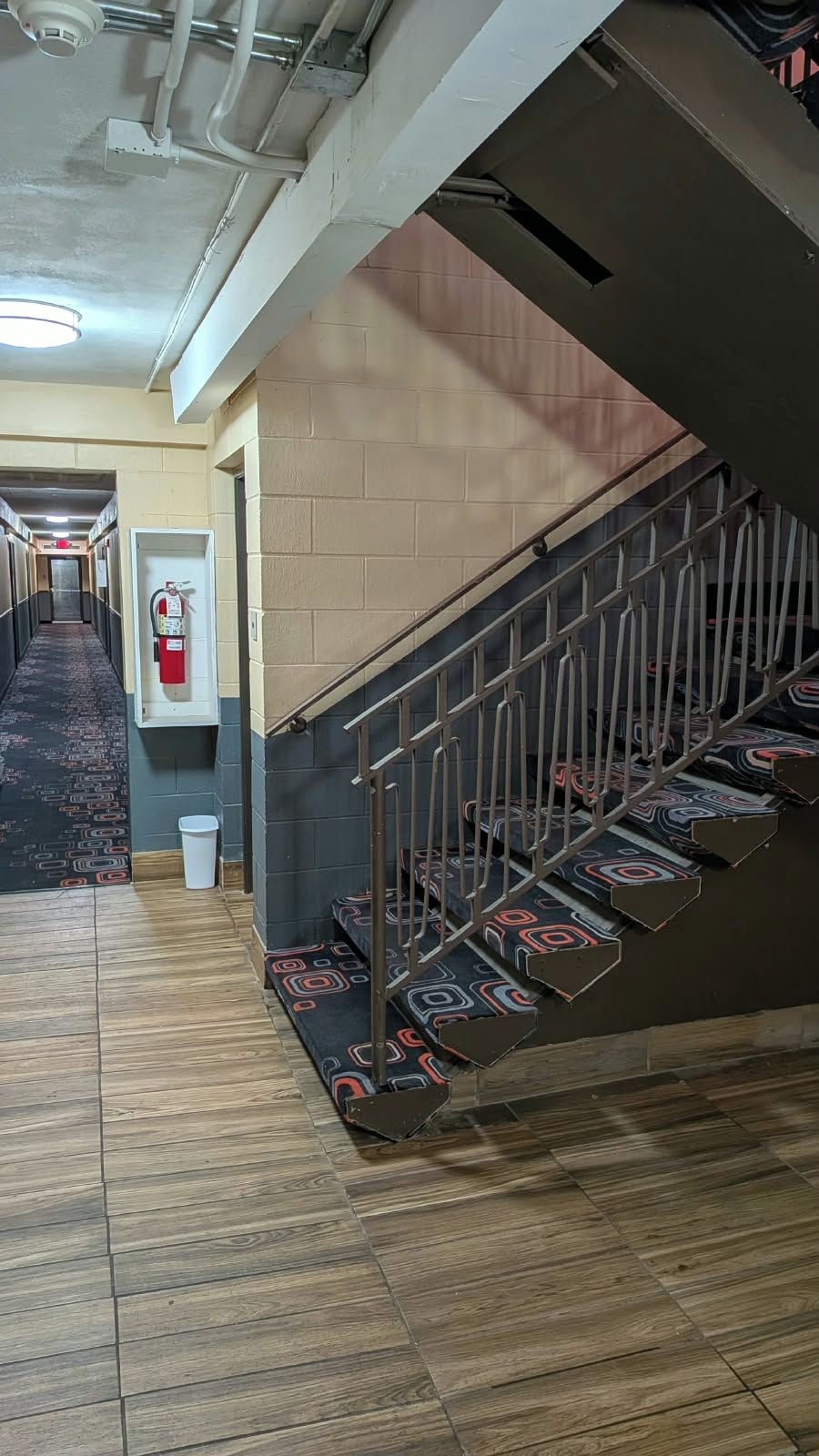 Un pasillo de hotel con un extintor, un bote de basura y una escalera con alfombra estampada.