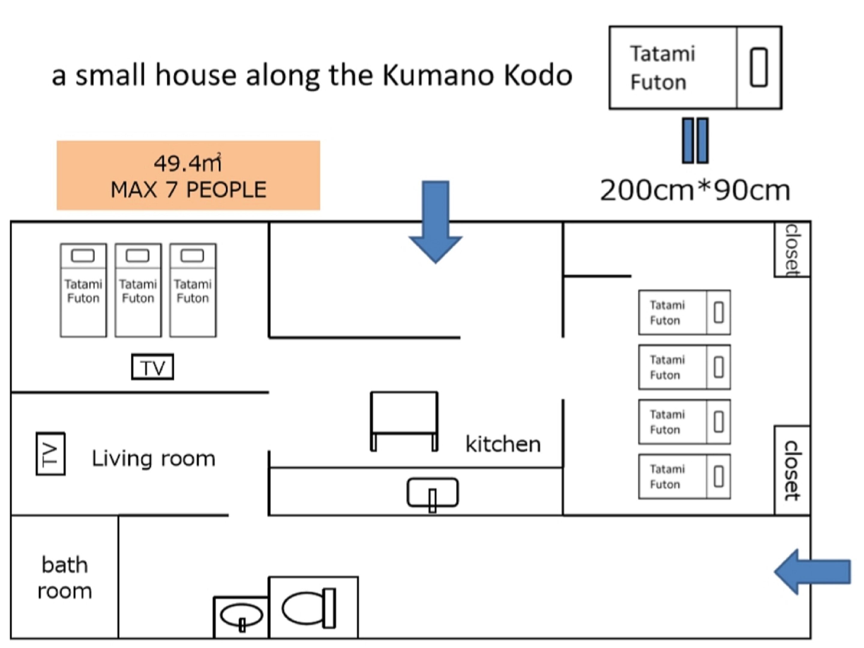 A small house layout with a TV in the living room, kitchen, and bathroom. It has 3 Futons in the bedroom, a closet, and is 49.4m² with a capacity of 7 people.