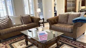 Smart TV, fireplace, DVD player, video library
