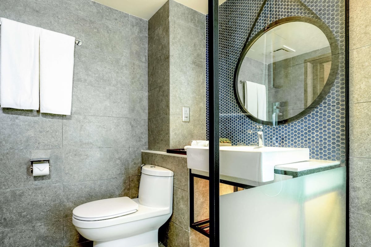 羽毛の掛け布団、セレクト コンフォート製ベッド、ミニバー、セーフティボックス (室内)