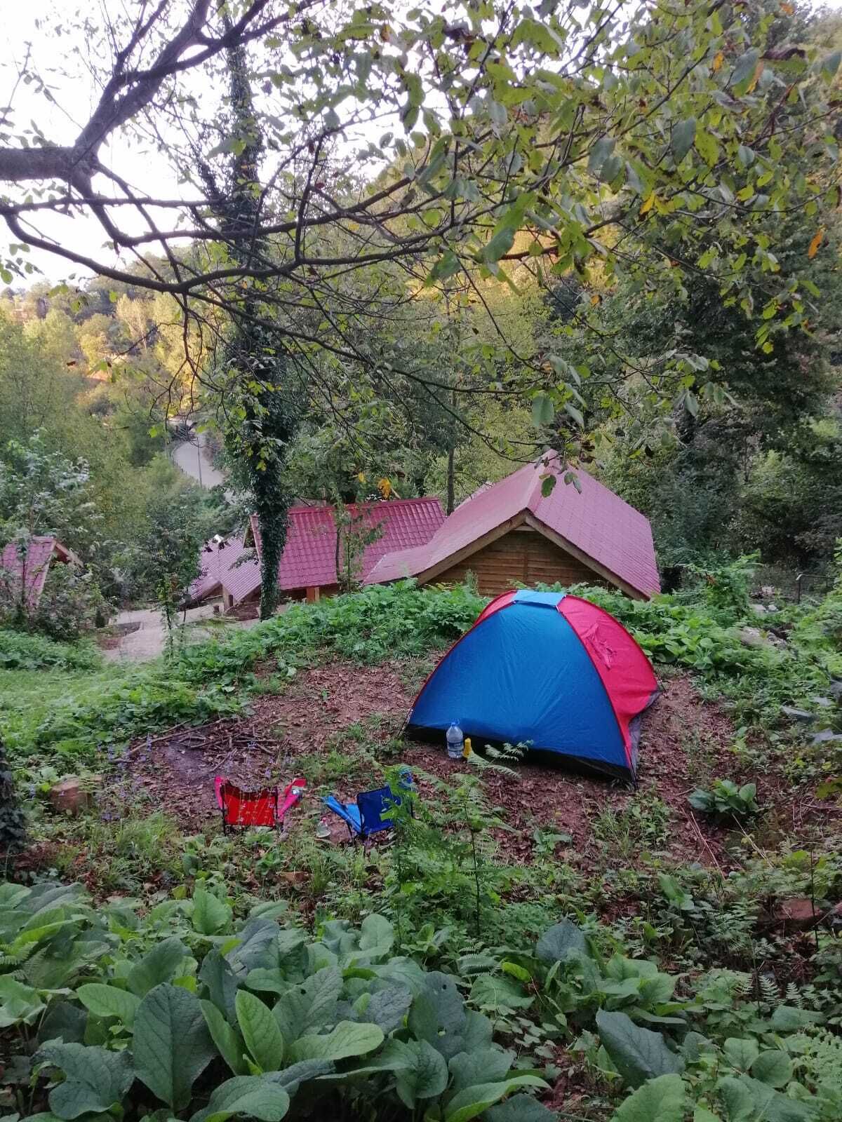 Une tente est installée dans une zone boisée, avec un petit bâtiment visible au fond.