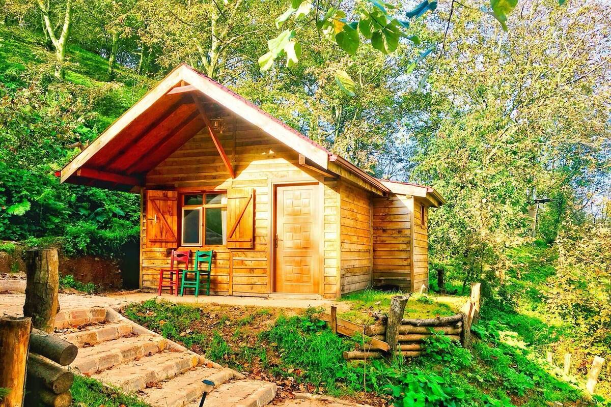 Eine Holzhütte mit geneigtem Dach, einer Veranda mit Stühlen und einem Ziegelweg zum Eingang.