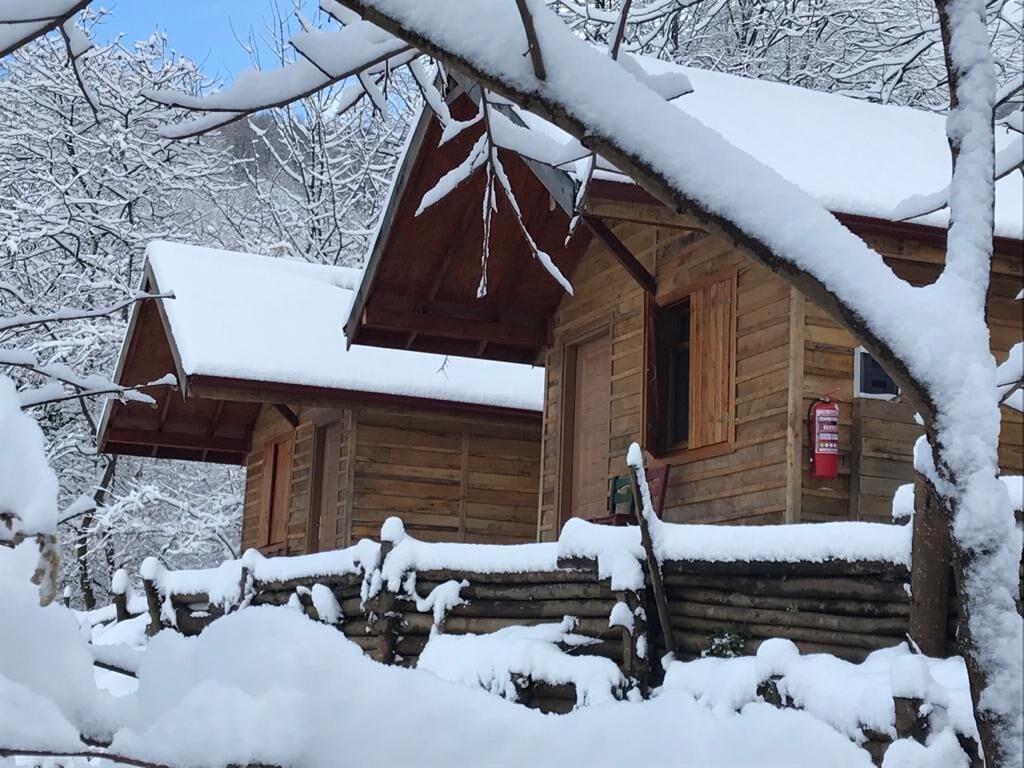 Una cabaña de madera con techo nevado y un extintor de incendios colgado en la pared.