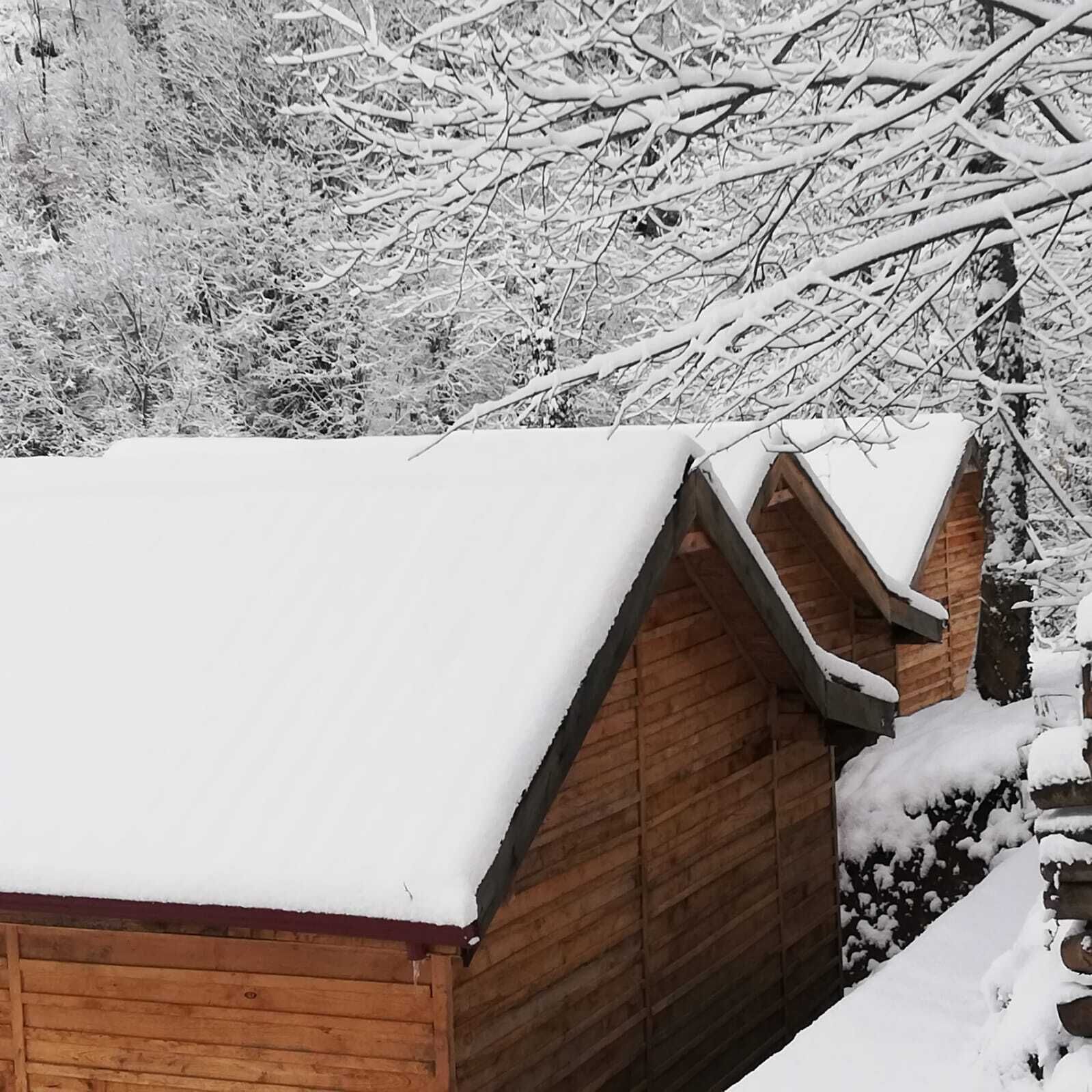 A wooden cabin with a snow-covered roof and a wooden exterior wall.
