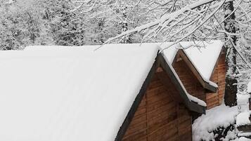 A wooden cabin with a snow-covered roof and a wooden exterior wall.