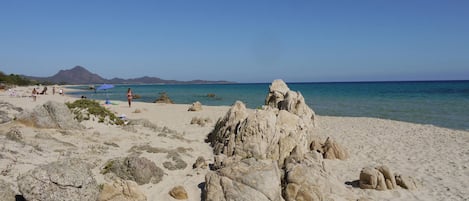 En la playa y camastros