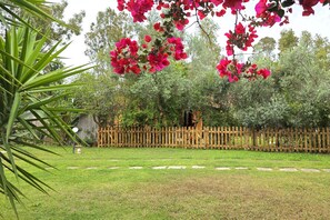 A garden with a wooden fence, green grass, and red flowers. - 4-Bedroom Villa Near the Beaches of Costa Rei (Costa Rei)
