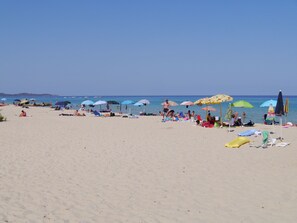 A beach with umbrellas and people.