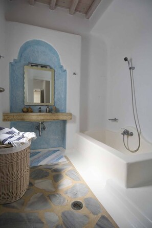 Villa, 3 Bedrooms | Bathroom | Separate tub and shower, hair dryer, towels, soap - Villa Rogiana by The Pearls Collection (Mykonos)