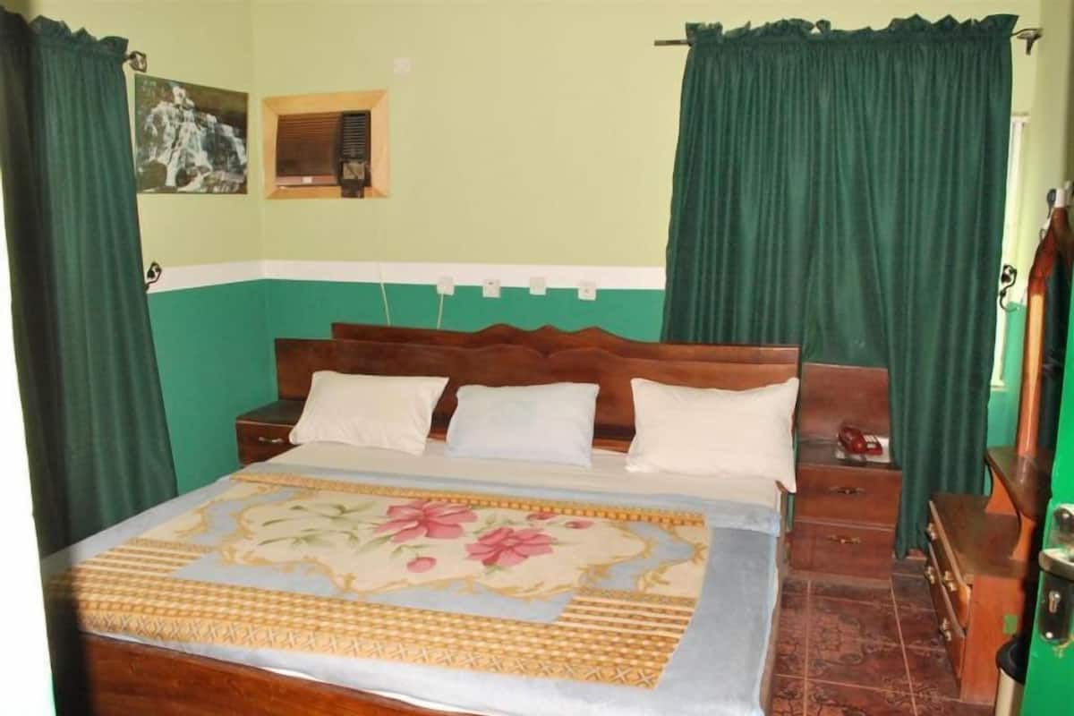 A bedroom with a bed, green curtains, a wooden headboard, and a nightstand with a lamp.