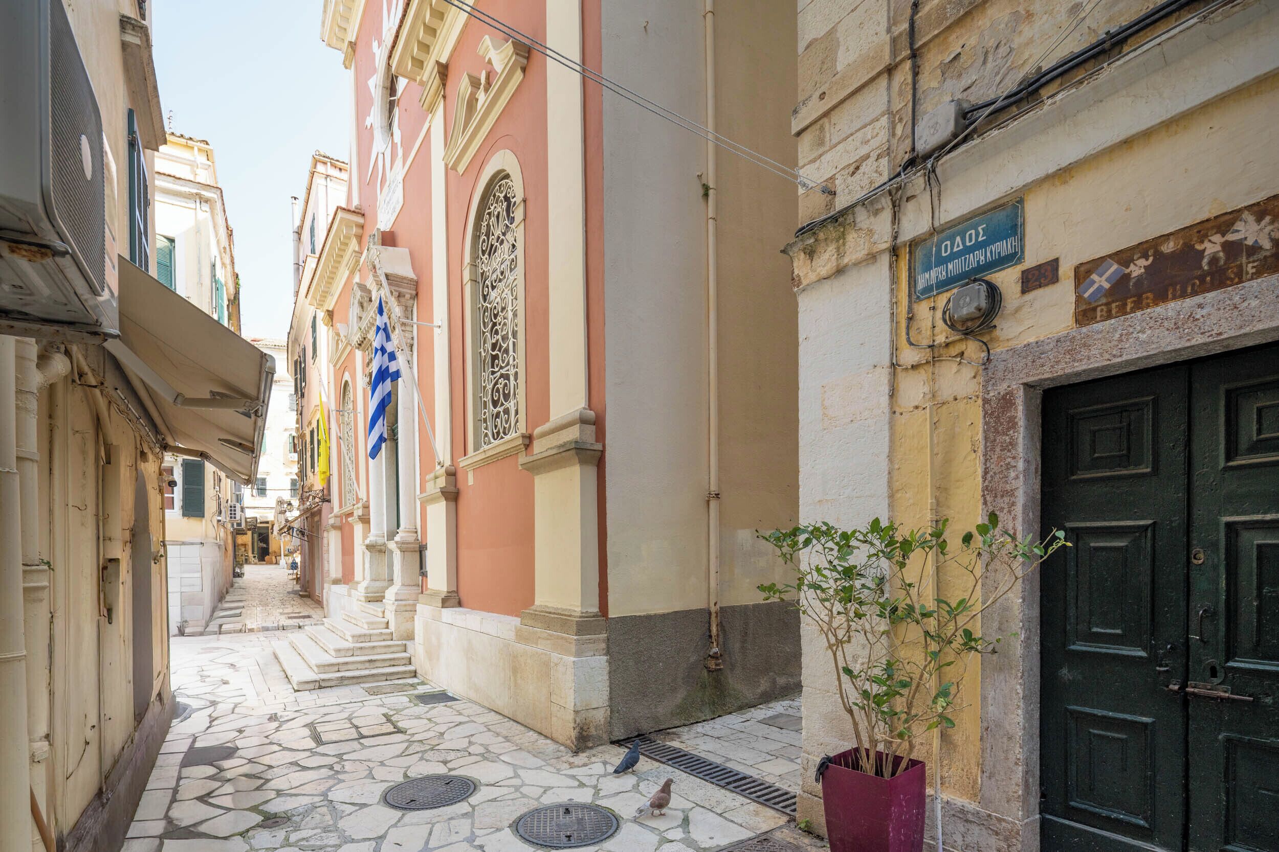 A narrow street with buildings, a blue flag, a green door, and a potted plant.