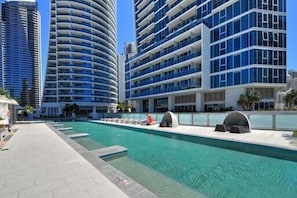 A modern hotel with a swimming pool, high-rise buildings, and a clear blue sky.