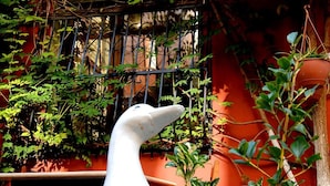Una escultura d'ocell blanc sobre un relleng d'obra, envoltada de vegetació i una paret vermella.