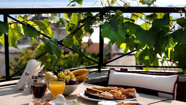 Taula preparada per esmorzar, amb fruita, pastissos i begudes, amb vista a un paisatge idíl·licic ple de vegetació i una distància panoràmica.