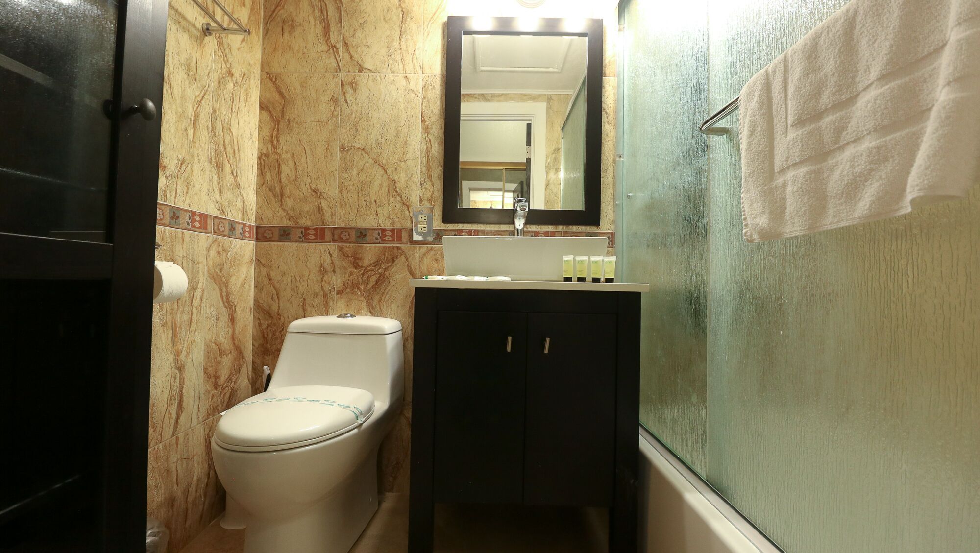 Une salle de bain avec des toilettes, un lavabo et un miroir.