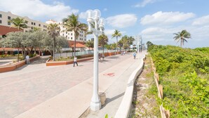 Een geplaveid pad met palmbomen, een fietspad en gebouwen op de achtergrond.