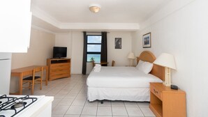 Habitación de hotel con cama, mesitas de noche, escritorio con silla, televisor, ventana con vistas y una lámpara en el techo.
